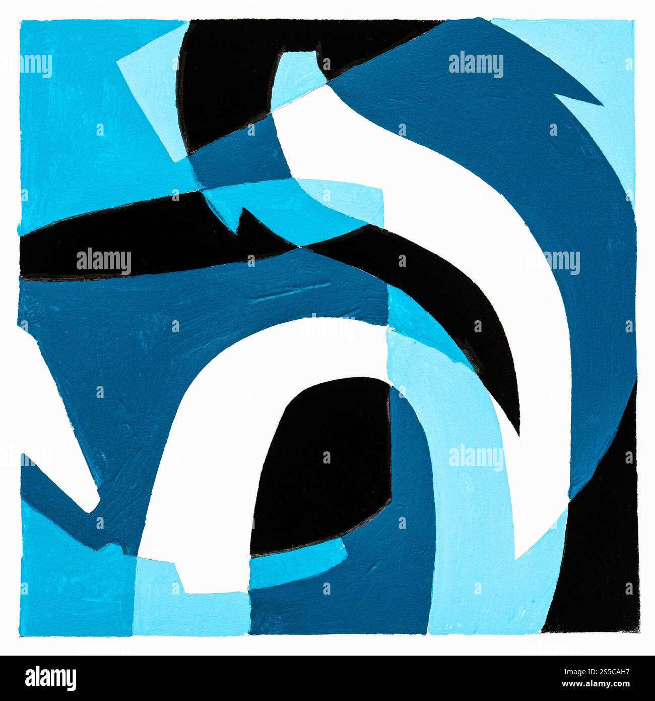 composition carrée abstraite avec lettre d, feuille d'arbre et mug peint à la main avec des peintures de tempera bleu et noir sur papier blanc Banque D'Images