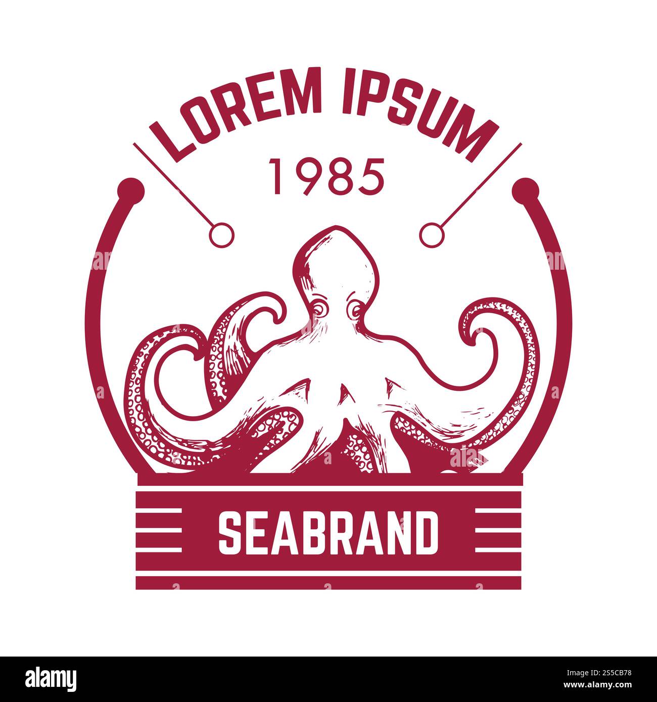 Logo vectoriel nautique de poulpe pour marque marine ou marine. Icône vectorielle de l'animal de l'océan et ruban pour club de pêche ou marin naviguant. Icône vectorielle nautique de poulpe pour marque marine Illustration de Vecteur