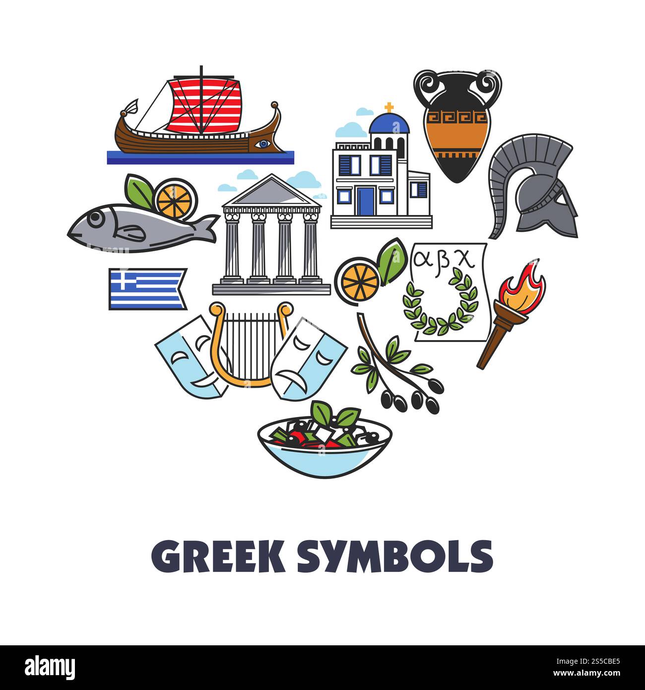 Grèce Travel Heart affiche de la culture grecque sites touristiques célèbres et attractions icônes. Vecteur drapeau de la Grèce, acropole du Panthéon d'Athènes, casque spartiate grec, huile d'olive et harpe antique. Symbole vectoriel de repère de voyage de Grèce Illustration de Vecteur