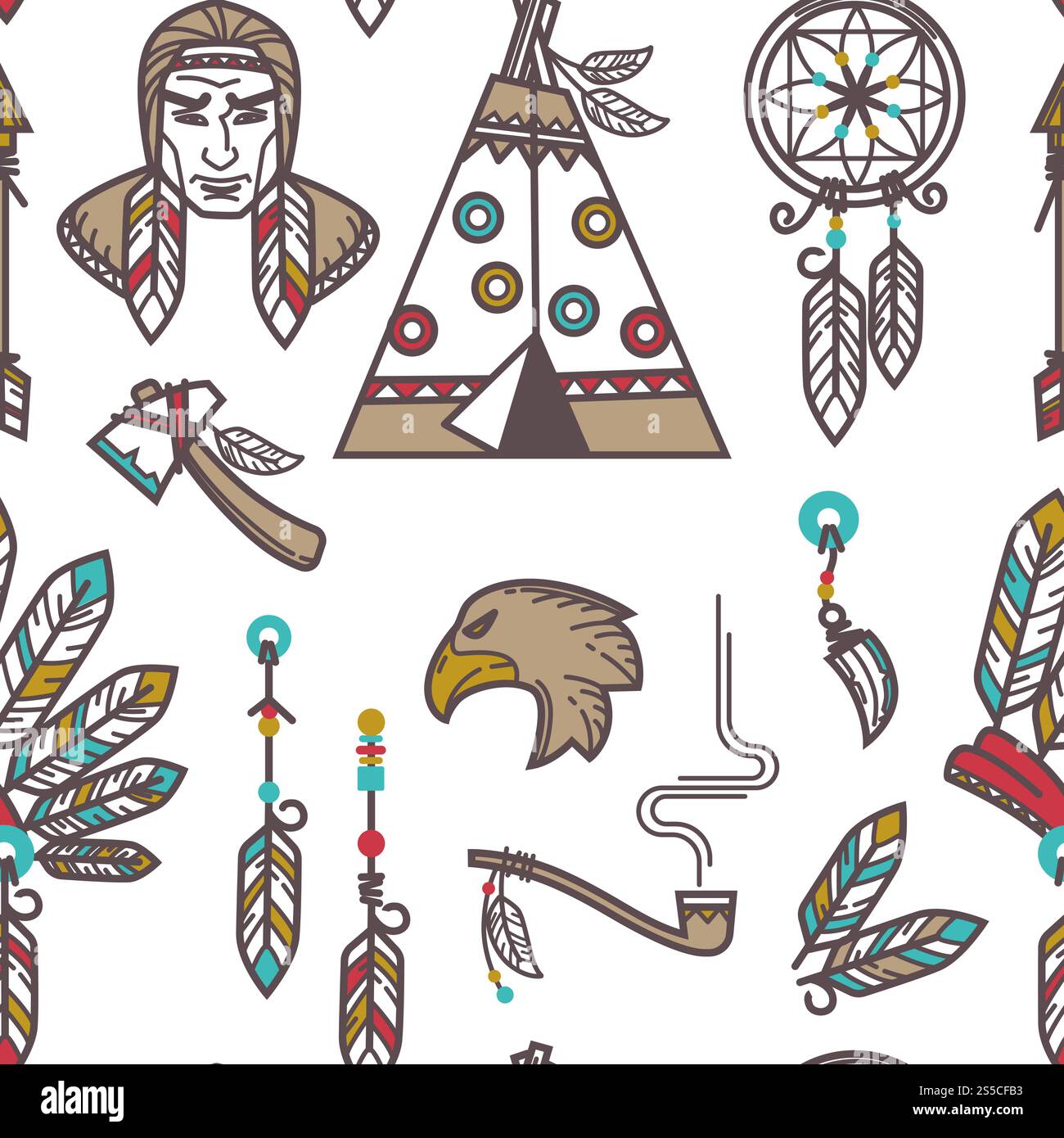Amérindiens autochtones symboles de culture traditionnelle fond de modèle. Conception sans couture vectorielle de maisons autochtones et icônes tribales wigwam hutte, outils d'armes tomahawk et pipe à fumer. Motifs de symboles de culture traditionnelle des Indiens d'Amérique Illustration de Vecteur