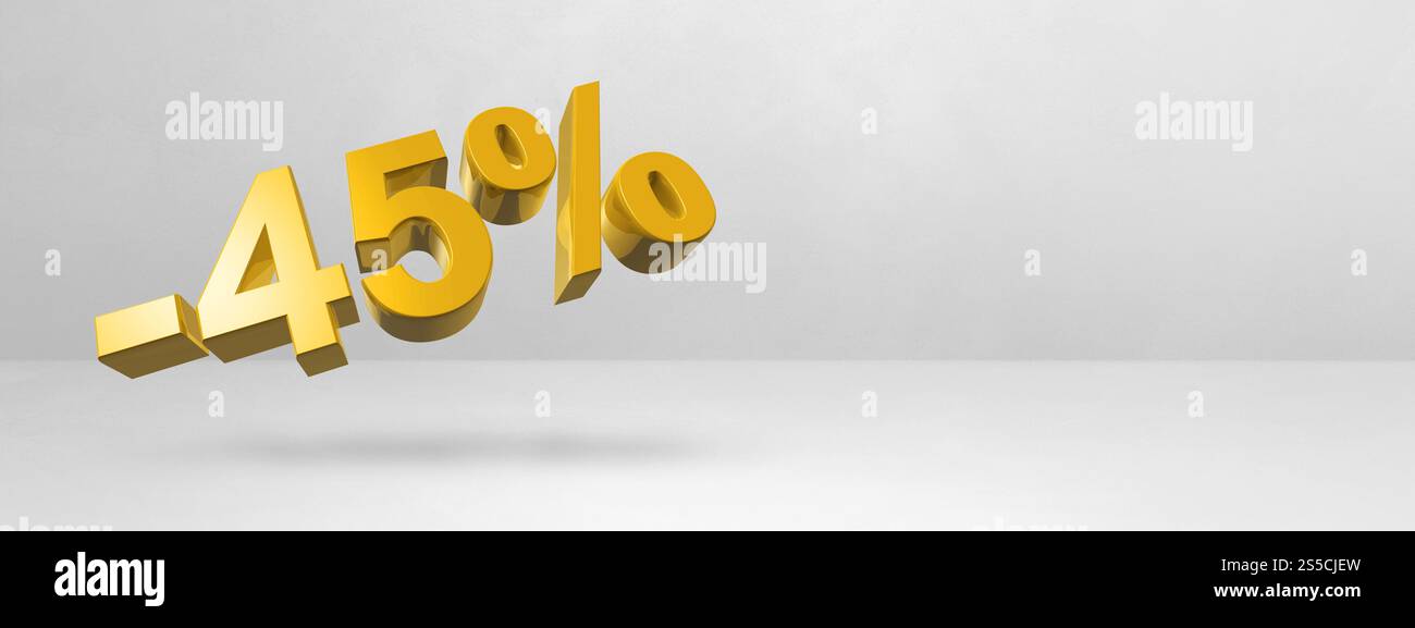 45 % de réduction. Offre de vente. Illustration 3D isolée sur blanc. Bannière horizontale. Numéro d'or. offre de réduction de 45 %. Illustration 3D isolée sur Banque D'Images