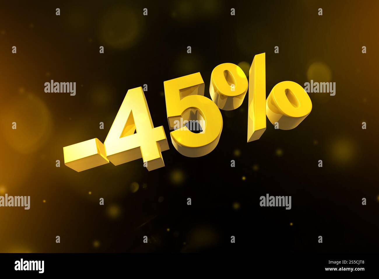 45 % de réduction. Offre de vente. Illustration 3D isolée sur noir. Tarif promotionnel. Numéro d'or et fusées éclairantes. offre de réduction de 45 %. 3D. Banque D'Images