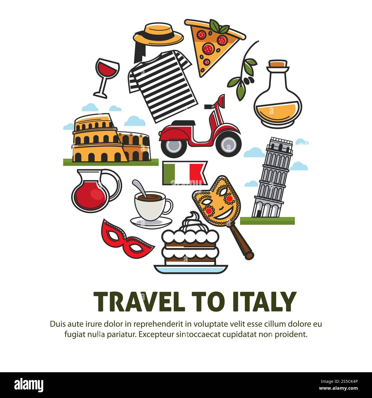 Sites touristiques de l'Italie et affiche des attractions touristiques célèbres. Symboles vectoriels du drapeau italien, cathédrale de Rome et tour de Pise ou Colisée, masque de carnaval vénitien, pizza et pâtes ou café et vigne. Sites touristiques de l'Italie et affiche des attractions touristiques célèbres. Illustration de Vecteur