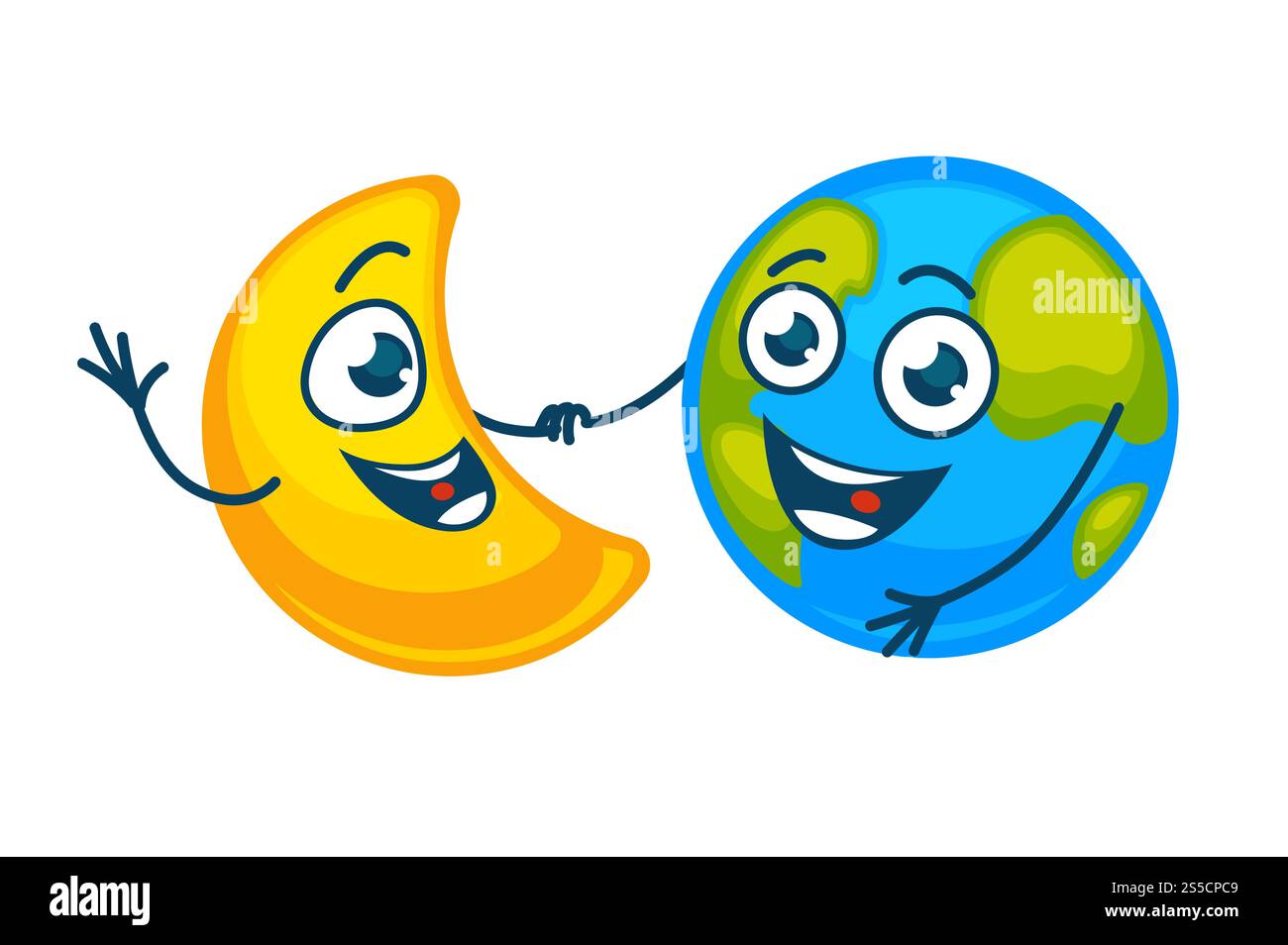 La terre et la lune d'or avec des visages heureux tiennent la main. Planète dans l'humeur joyeuse et croissant brillant avec large sourire sincère danse ensemble illustration vectorielle plate de dessin animé isolée sur fond blanc .. La terre et la lune d'or avec des visages heureux tiennent la main Illustration de Vecteur