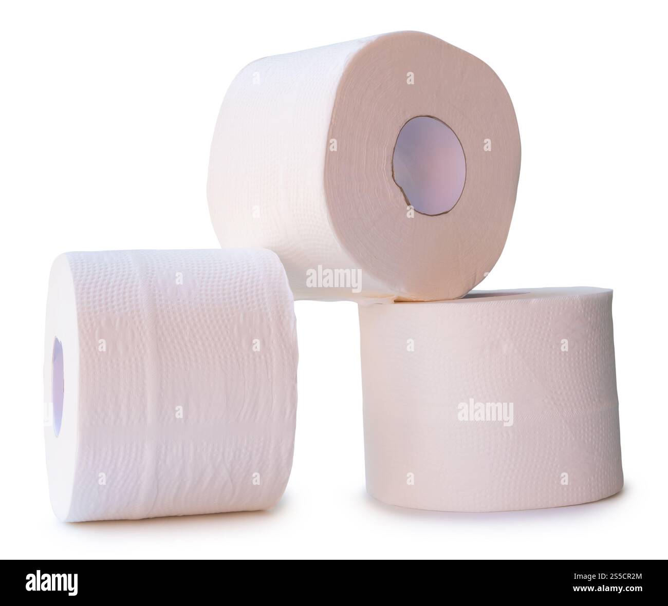 Trois rouleaux de papier de soie blanc ou de papier toilette sont isolés sur fond blanc avec chemin de découpage. Banque D'Images