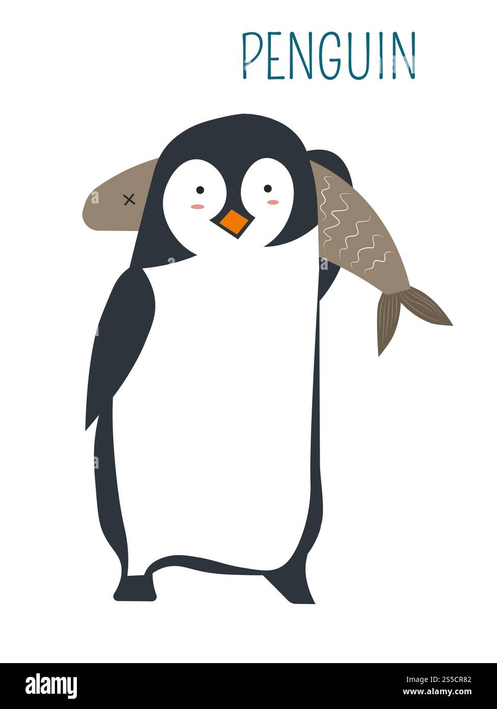 Pingouin avec un énorme personnage de livre enfantin de poisson. Oiseau du pôle Nord avec une image de bande dessinée de fruits de mer pour conte de fées. Créature arctique, espèces sauvages et fruits de mer illustration vectorielle isolée.. Pingouin avec un énorme personnage de livre enfantin de poisson Illustration de Vecteur