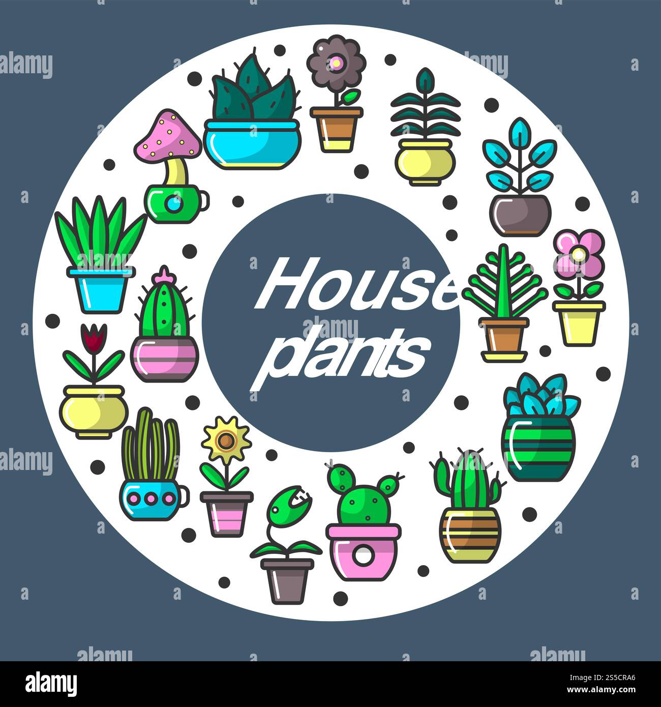 Plantes d'intérieur placées en position circulaire sur l'affiche. Décorations naturelles d'intérieur qui répandent l'oxygène avec des feuilles vertes et des bourgeons en fleurs dans des pots colorés en argile dessins animés illustrations vectorielles plates .. Plantes d'intérieur placées en position circulaire sur l'affiche Illustration de Vecteur