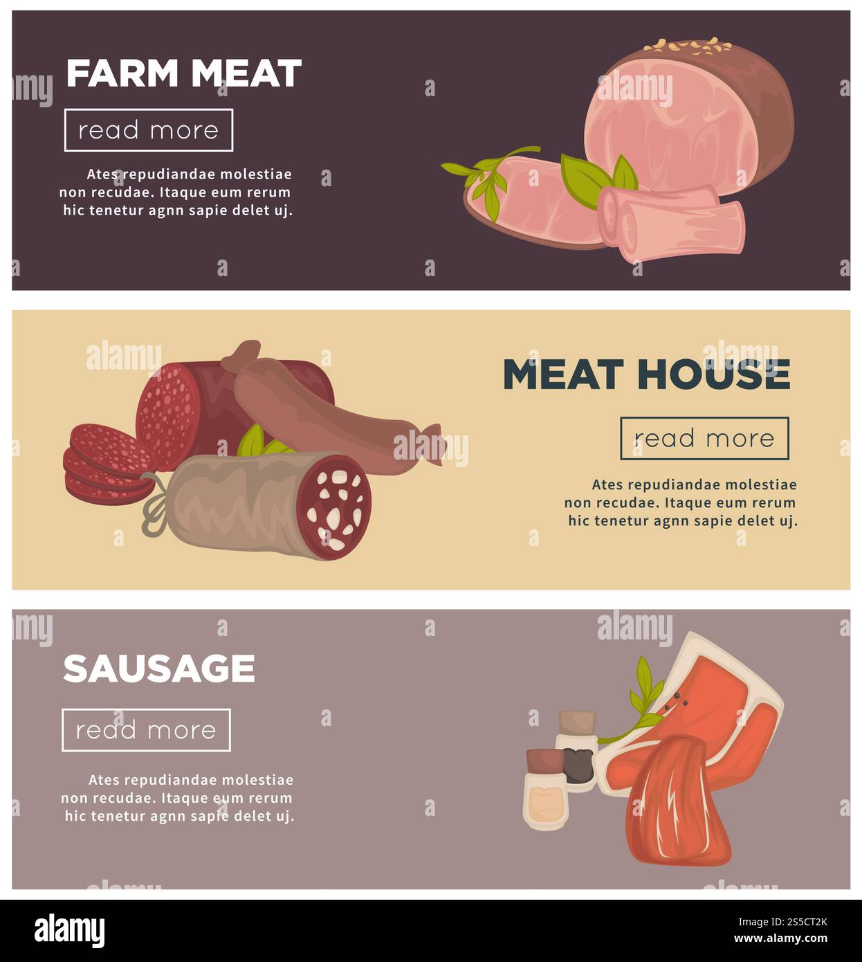 Bannières de produits à base de viande de saucisses et charcuterie de boucherie. Salami vectoriel ou poitrine et cervelat, pepperoni ou saucisse de foie, filet de porc ou steak de bœuf et bacon de jambon pour la conception de maison de viande. Saucisses de viande de ferme et bannières web vectorielles de boucherie delicatessen Illustration de Vecteur