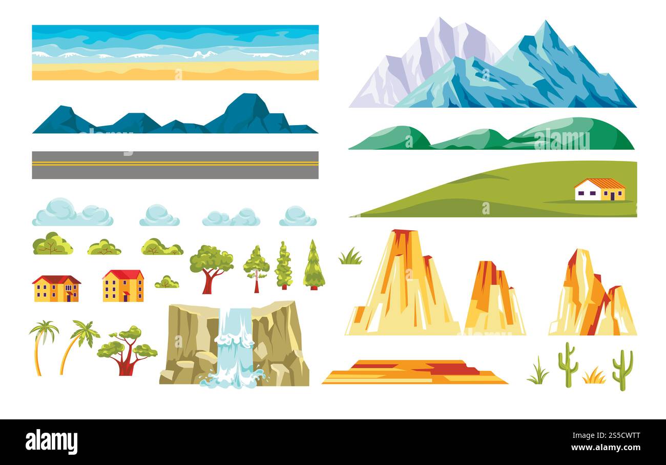Éléments de construction de paysage et de nature. Icônes isolées de vecteur plat de maison sur le terrain, colline de montagne ou vallée et arbres forestiers sur la route avec des rochers et cascade pour toile de fond sans couture. Éléments de construction de paysage et de nature. Vecteur plat isolé Illustration de Vecteur