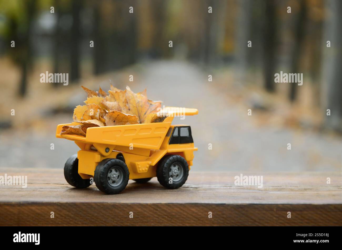 Un petit camion jaune jouet est chargé de feuilles jaunes tombées. La voiture se tient sur une surface en bois sur un fond d'un parc d'automne flou. Banque D'Images