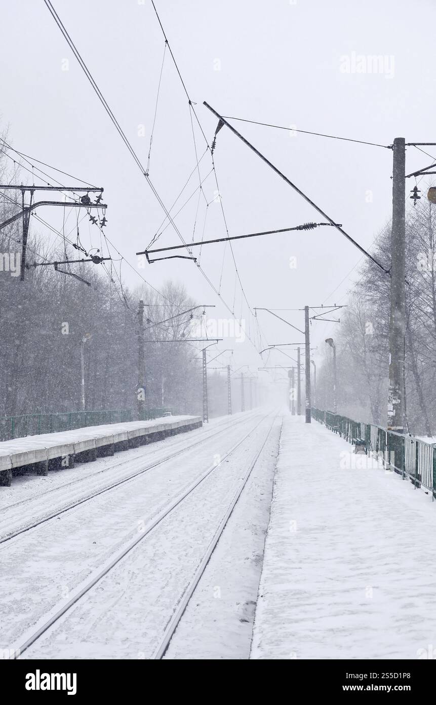 Photo de la gare en banlieue ou à la campagne. Le chemin de fer passe entre des rangées denses d'arbres. Plate-forme enneigée pendant les chutes de neige Banque D'Images