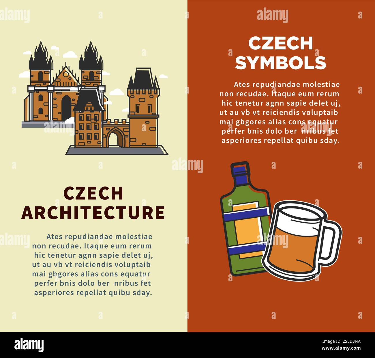 Affiches de la République tchèque représentant des symboles traditionnels et des icônes de sites touristiques nationaux. Architecture vectorielle du château et du pont du roi Charles, boisson alcoolisée traditionnelle Becherovka et bière. République tchèque affiches vectorielles des symboles touristiques et des icônes d'attraction de voyage de Prague Illustration de Vecteur