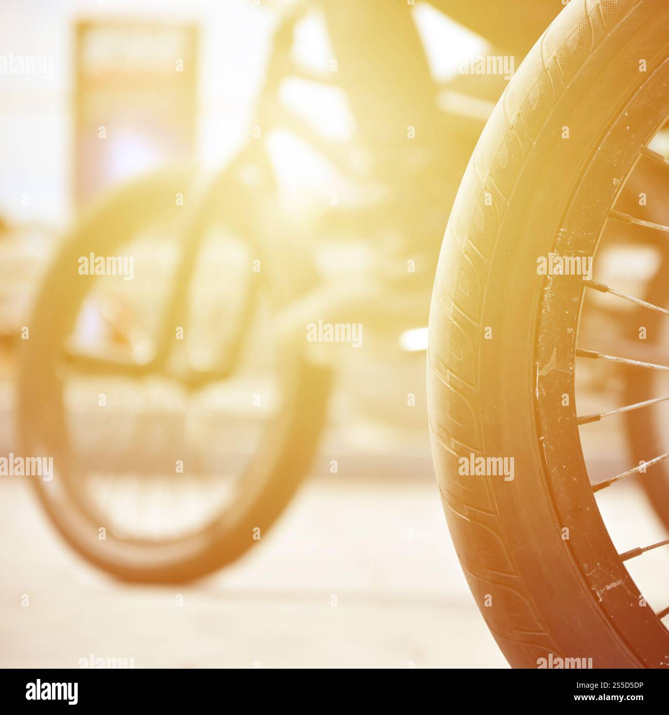 Une roue de vélo BMX dans le contexte d'une rue avec des coureurs cyclistes brouillée. Extreme Sports Concept Banque D'Images Une roue de vélo BMX dans le contexte d'une rue avec des coureurs cyclistes brouillée. Extreme Sports Concept Banque D'Images