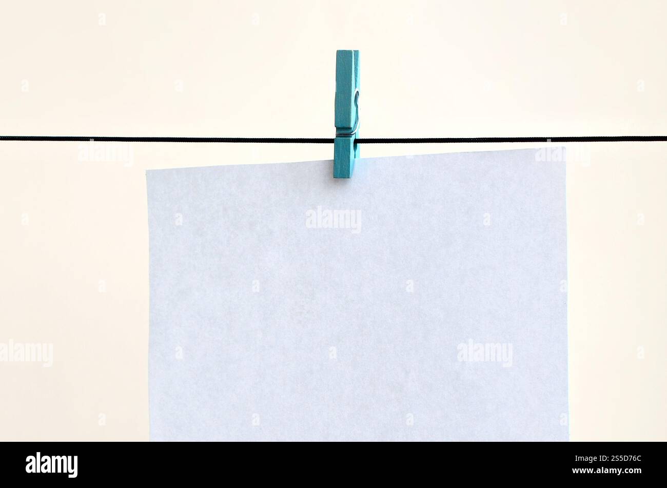 Cartes blanches vierges sur corde, fond de mur clair. Rappel créatif, petites feuilles de papier sur une vieille épinglette, arrière-plan de mémo Banque D'Images