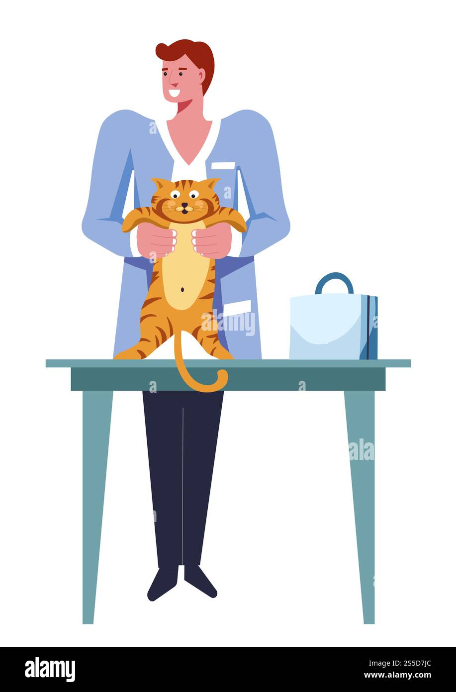 Vétérinaire mâle examinant l'animal de compagnie chat sur le vecteur de table. Examen et soins pour animaux domestiques. Trousse de premiers soins dans un sac à main avec signe de croix rouge, homme expert s'occupant des mammifères tenant Kitty à la main. Vétérinaire mâle examinant l'animal de compagnie chat sur le vecteur de table Illustration de Vecteur