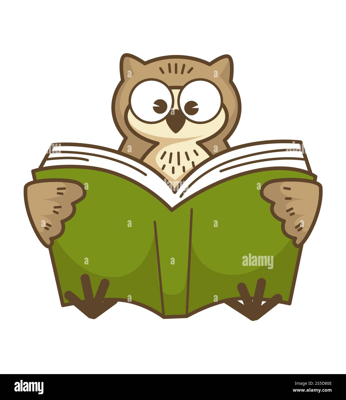Sage hibou avec de grands yeux ronds lit livre en vert couverture rigide. Bird apprend de nouvelles informations. Animal sauvage drôle se trouve et tient manuel isolé illustration vectorielle plate de dessin animé sur fond blanc .. Sage hibou avec de grands yeux ronds lit le livre Illustration de Vecteur