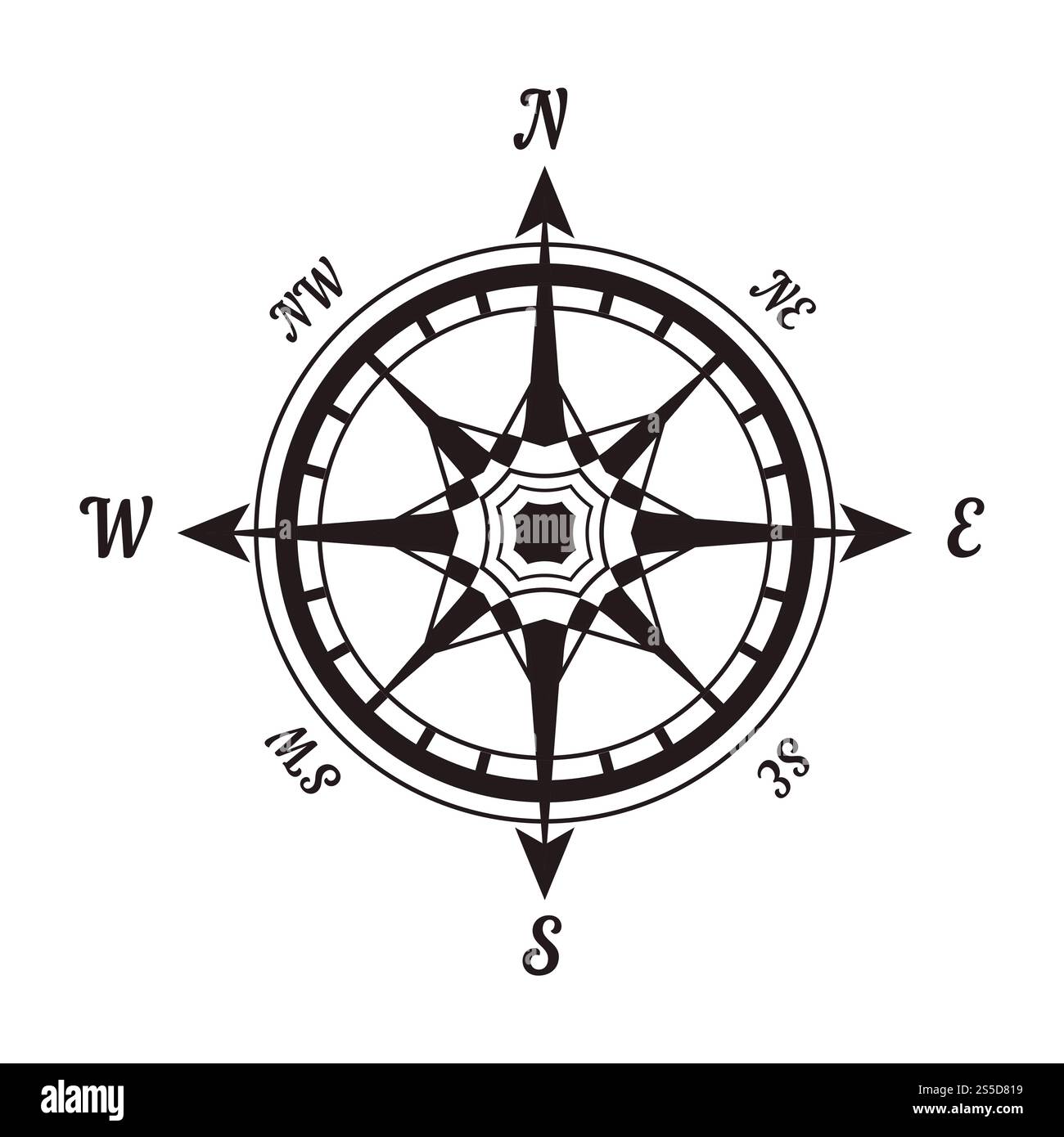 Rose de vent modèle monochrome avec flèches et signes. Boussole pour l'orientation topographique. Symbole rond géographique avec des lettres noir et blanc illustration vectorielle plate de dessin animé isolé.. Rose de vent modèle monochrome avec flèches et signes Illustration de Vecteur