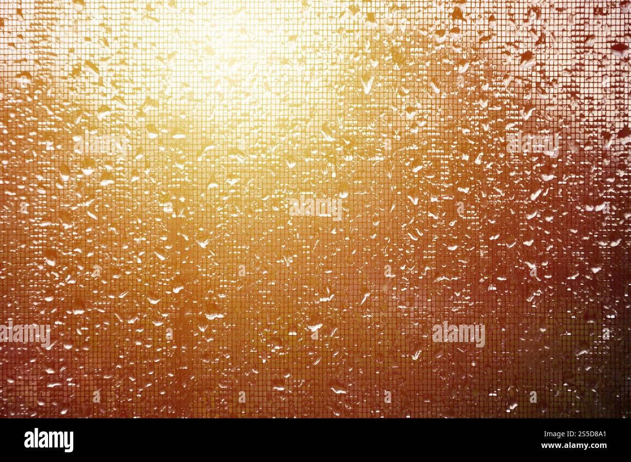 Image en arrière-plan des gouttes de pluie sur une vitre, qui est protégé par une moustiquaire. La tonalité des photos avec une faible profondeur de champ Banque D'Images