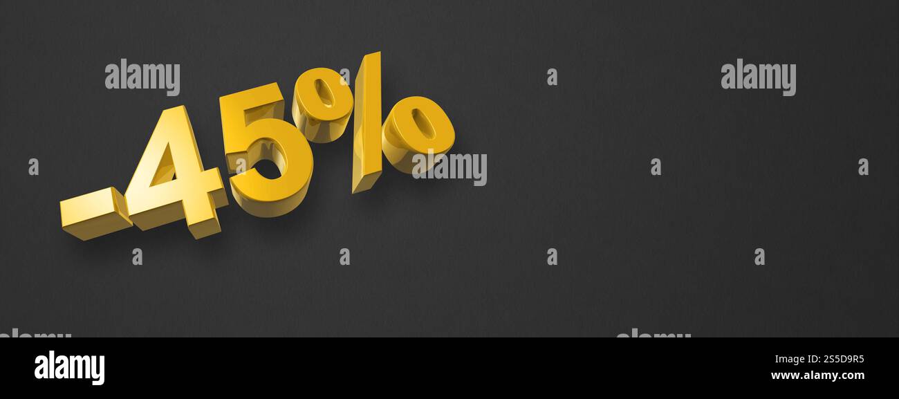45 % de réduction. Offre de vente. Illustration 3D isolée sur noir. Bannière horizontale. Numéro d'or. offre de réduction de 45 %. Illustration 3D isolée sur Banque D'Images