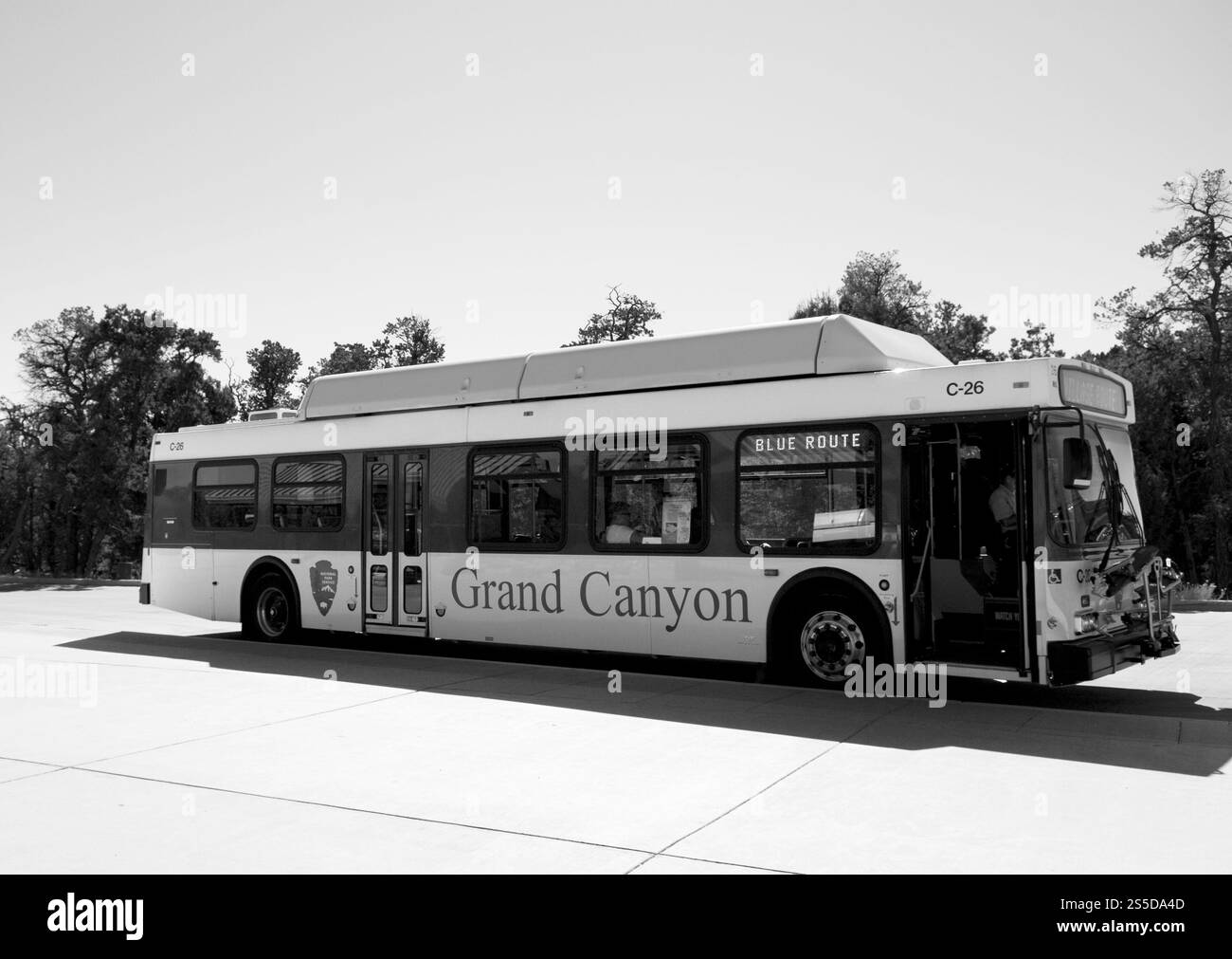 Bus blanc de transit à un point de vue panoramique sur la rive sud du parc national du Grand Canyon, Arizona, États-Unis. Banque D'Images