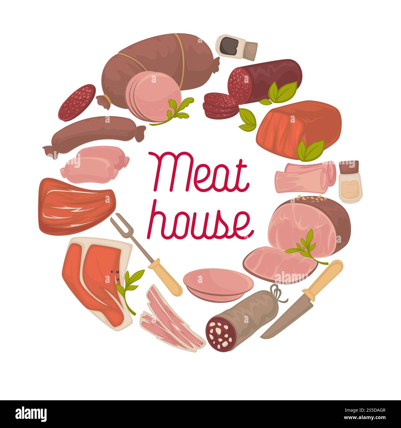 Affiche de maison de viande de saucisses et charcuterie de boucherie pour magasin de ferme ou marché. Salami vecteur ou poitrine et cervelat, pepperoni ou saucisse de foie, filet de porc ou steak de bœuf et bacon de jambon. Affiche vectorielle charcuterie maison de viande Illustration de Vecteur