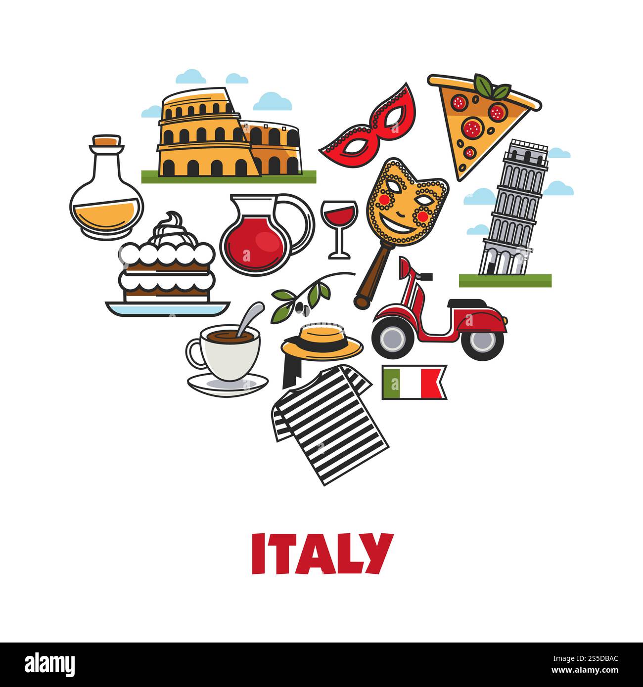 Affiche promo Italie avec des symboles nationaux en forme de coeur. Célèbre tour de Pise et colisée romain, délicieux desserts, pizza chaude, vin rouge, café parfumé et illustrations vectorielles de vêtements traditionnels. Affiche promotionnelle Italie avec symboles nationaux en forme de cœur Illustration de Vecteur