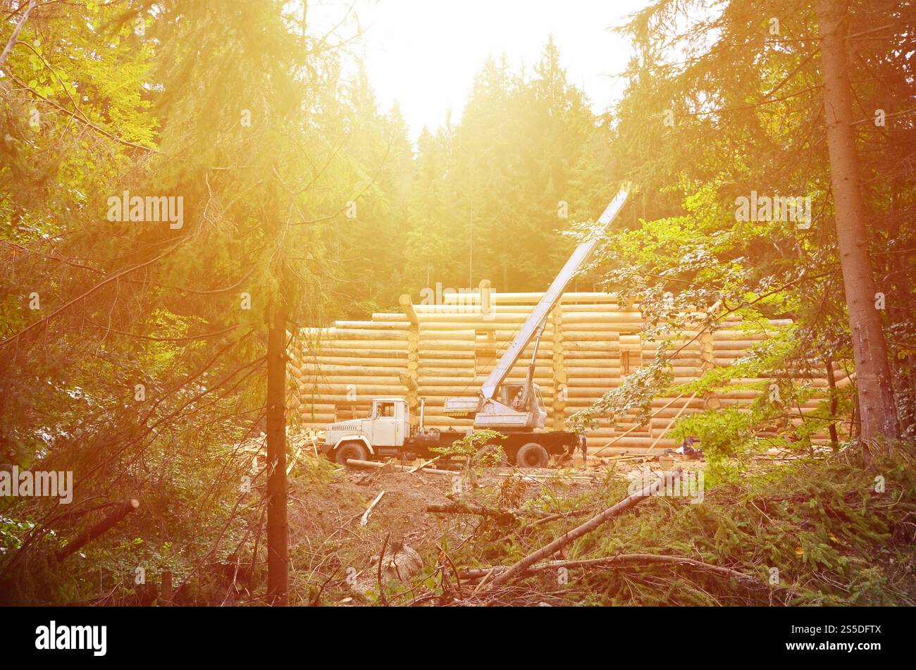 Le processus de construction d'une maison en bois à partir de poutres en bois de forme cylindrique. Grue en état de fonctionnement Banque D'Images
