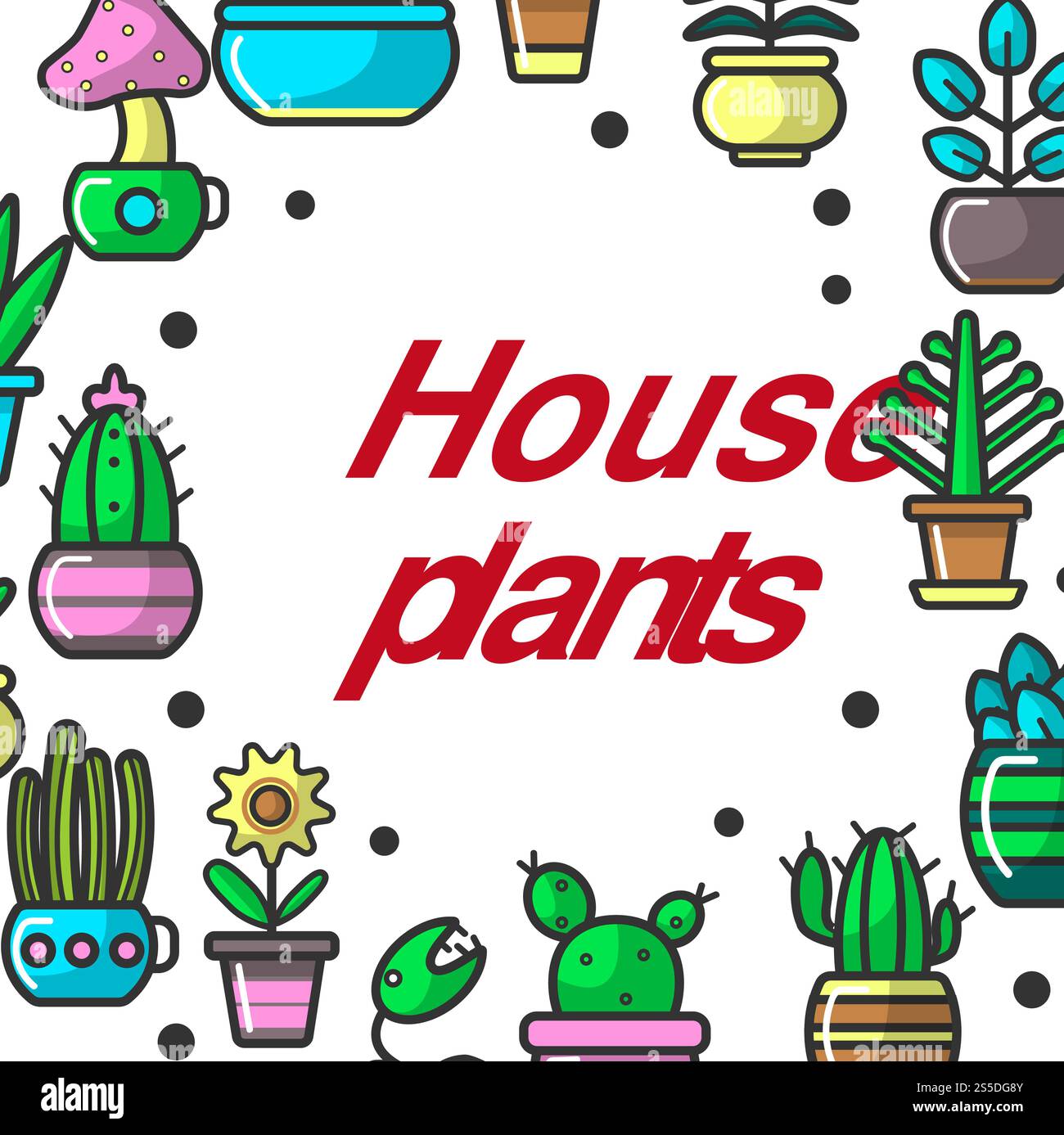 Plantes de maison et fleurs exotiques dans des pots poster de dessin animé. Fleurs décoratives domestiques plates vectorielles pétunia, rose ou jonquille de jardin, tulipe et succulent cactus ou champignon dans un pot de fleurs. Plantes de maison ou fleurs exotiques de dessin animé vectoriel Illustration de Vecteur