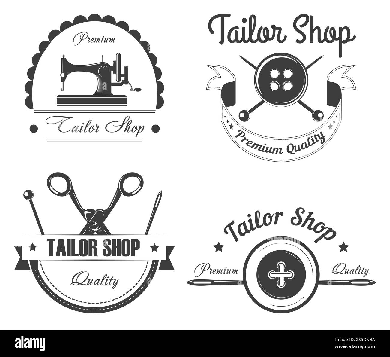 Logo de magasin de tailleur pour atelier de couturier et salon de couture de couture tailleur designer. Ensemble d'icônes rétro vectorielles de machine à coudre, aiguille ou bouton et dé à coudre avec ciseaux de tailleur. Icônes vectorielles de magasin de tailleur ou d'atelier Illustration de Vecteur