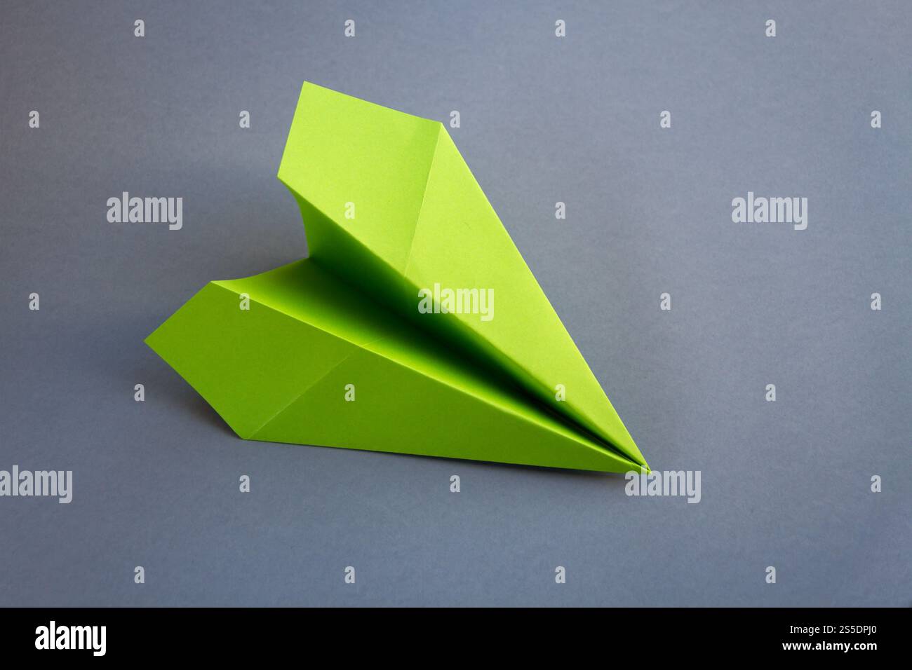 Origami plan en papier vert isolé sur un fond gris vierge. Origami plan en papier vert isolé sur un fond gris Banque D'Images