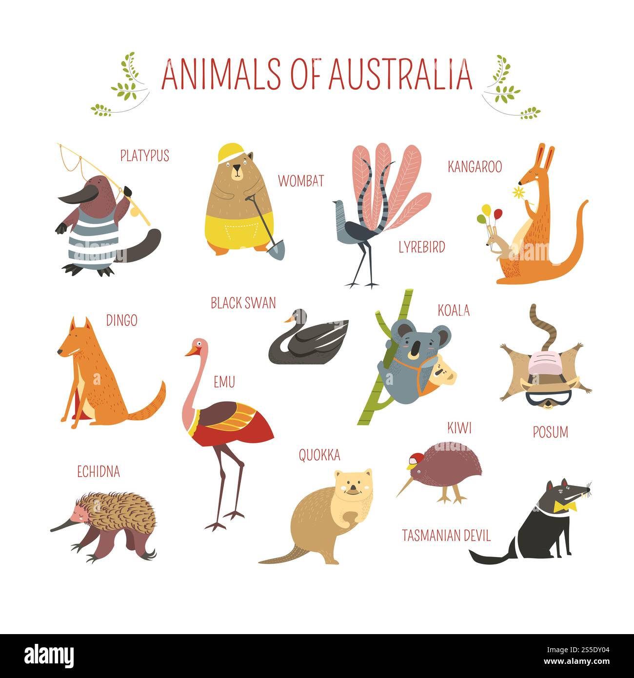 Dessins animés animaux australiens et oiseaux pour la conception des enfants. Vecteur zoo drôle de kangourou, koala ou émeu autruche et ornithorynque, wombat ou lyrebird et opossum dans les vêtements. Conception de dessin animé vectoriel animaux australiens Illustration de Vecteur