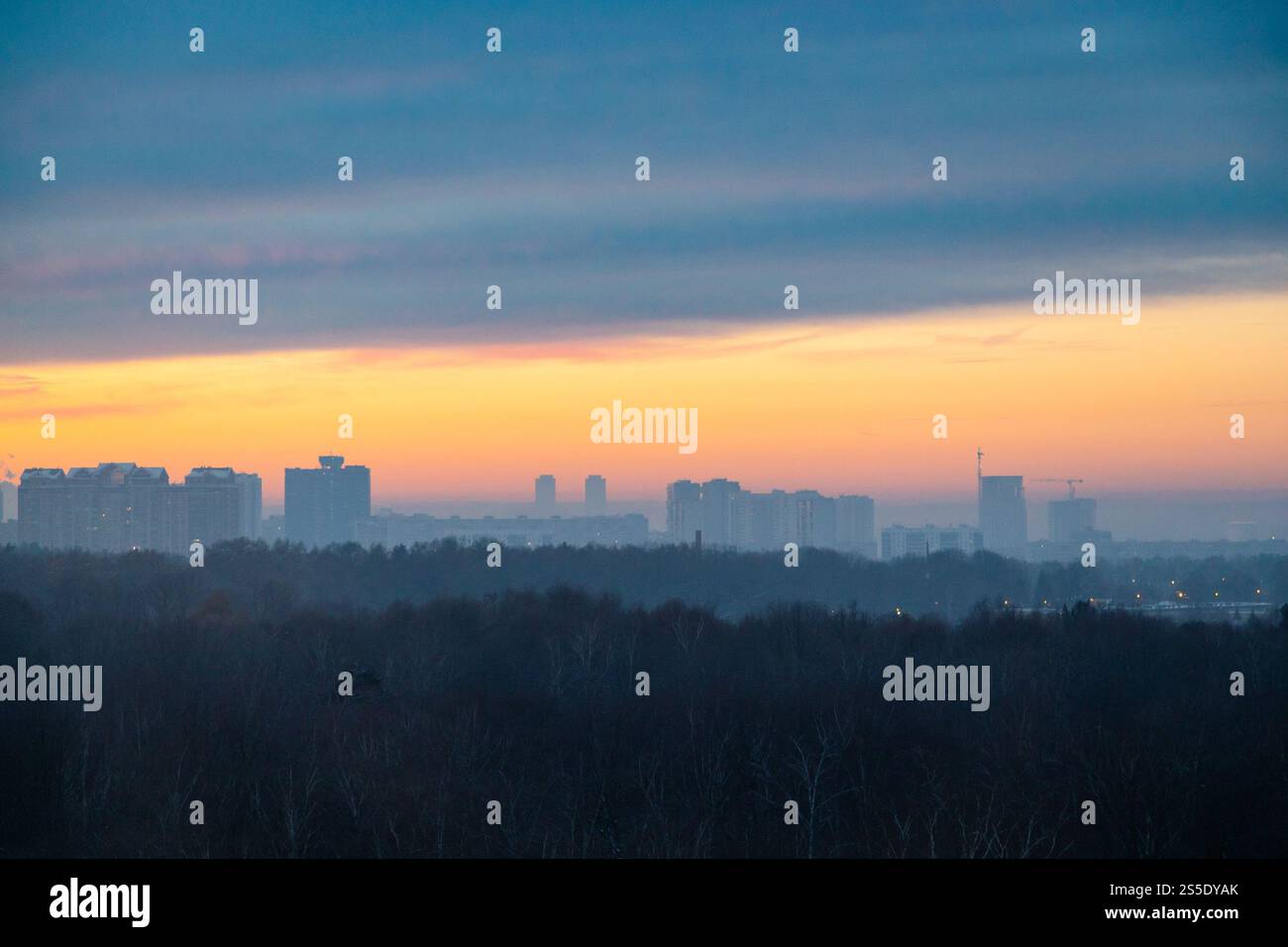 tôt l'hiver, l'aube froide survolez le parc de la ville sombre et les maisons à l'horizon Banque D'Images
