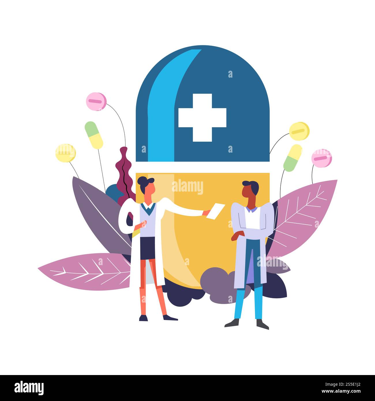 Médecin et pharmacien avec patient et vecteur de pilule. Femme experte donnant prescription pour homme, croisant ses mains. Homme et femme spécialiste avec grande capsule et feuillage décoratif. Médecin et pharmacien avec patient et vecteur de pilule Illustration de Vecteur