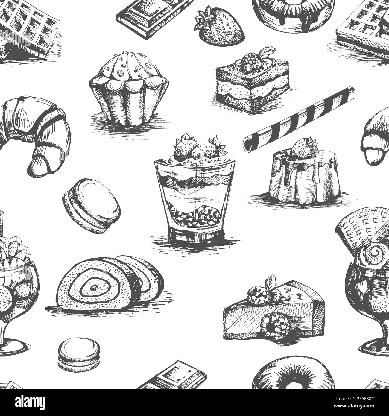 Gâteaux de boulangerie et desserts cocktails monochromes esquisse vectorielle. Modèle sans couture avec boissons et boissons, recettes d'art culinaire à la fraise et à la framboise. Nourriture nutritive sucrée isolée. Gâteaux de boulangerie et desserts cocktails croquis vectoriel Illustration de Vecteur