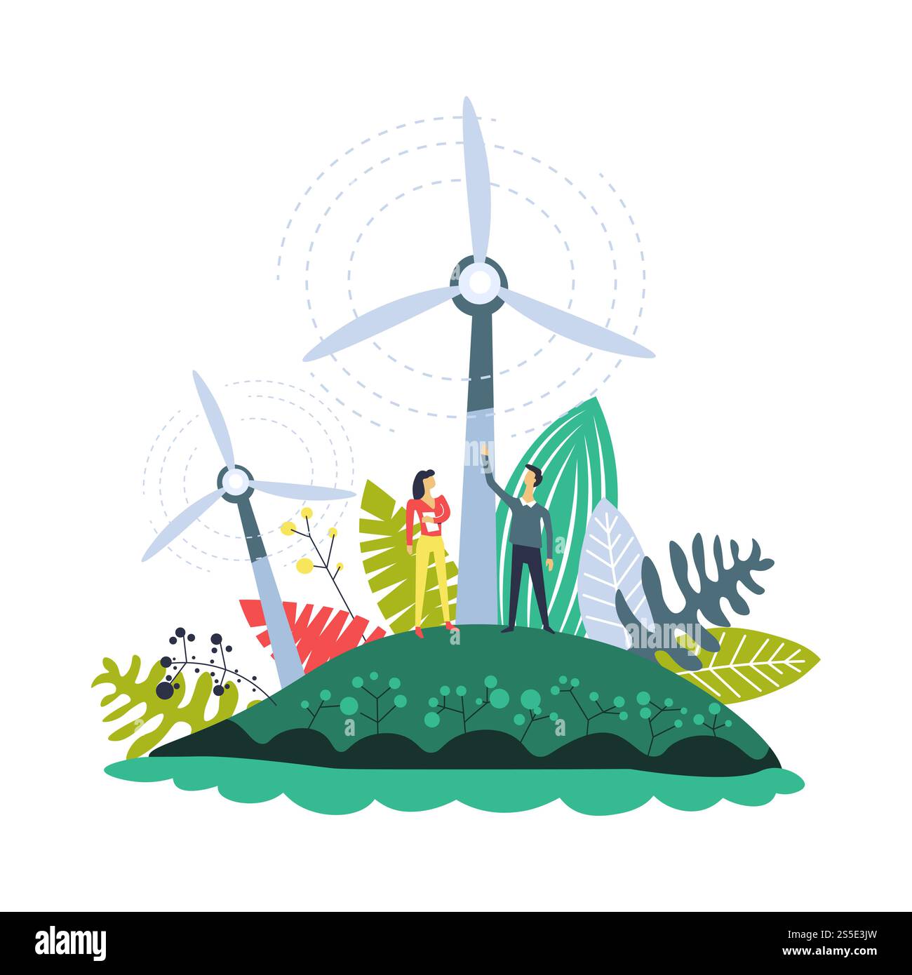 Plantations d'énergie éolienne les moulins à vent et les plantes définissent le vecteur. Les gens sur le terrain avec des générateurs avec des hélices accumulant de l'électricité. Résolution des problèmes environnementaux par l'utilisation de ressources alternatives. Plantations d'énergie éolienne les moulins à vent et les plantes définissent le vecteur Illustration de Vecteur