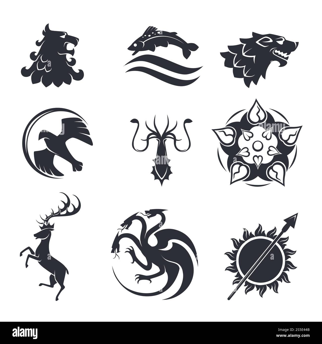 Symboles héraldiques du logo de force de puissance ou des modèles de tatouage. Animaux héraldiques vectoriels, oiseaux ou créatures mystiques de gryphon aigle, loup ou cerf tribal avec dragon, flèche au soleil et fleur épi. Animaux vectoriels gothiques héraldiques et oiseaux ou poissons Illustration de Vecteur