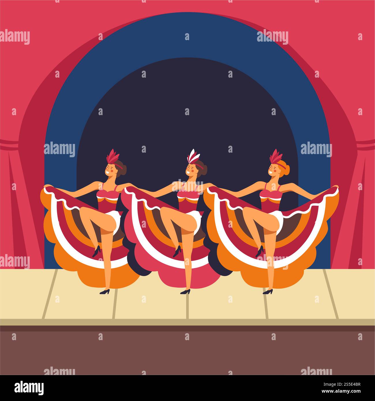 Des filles de cabaret dansant le cancan sur scène. Danseuses de femmes vectorielles dans la performance musicale de spectacle dans des costumes de robe rétro et des chapeaux de plumes. Des filles de cabaret dansant le cancan sur scène. Vecteur Illustration de Vecteur