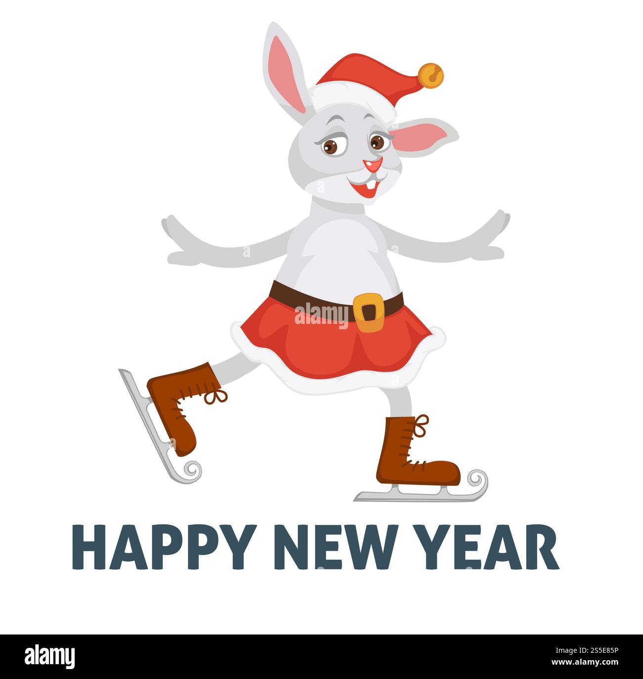 Affiche de bonne année, lapin sur le vecteur de patinoire de patinage. Loisirs d'hiver de lapin portant chapeau de père noël et jupe avec ceinture, animal femelle. Loisirs saisonniers hobby et sport, lièvre souriant. Affiche de bonne année, lapin sur la patinoire Illustration de Vecteur