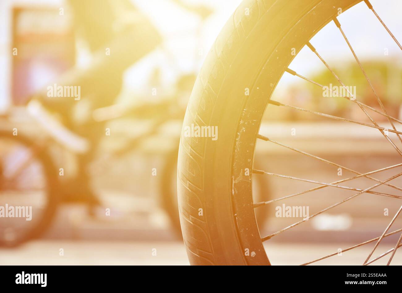 Une roue de vélo BMX dans le contexte d'une rue avec des coureurs cyclistes brouillée. Extreme Sports Concept Banque D'Images Une roue de vélo BMX dans le contexte d'une rue avec des coureurs cyclistes brouillée. Extreme Sports Concept Banque D'Images