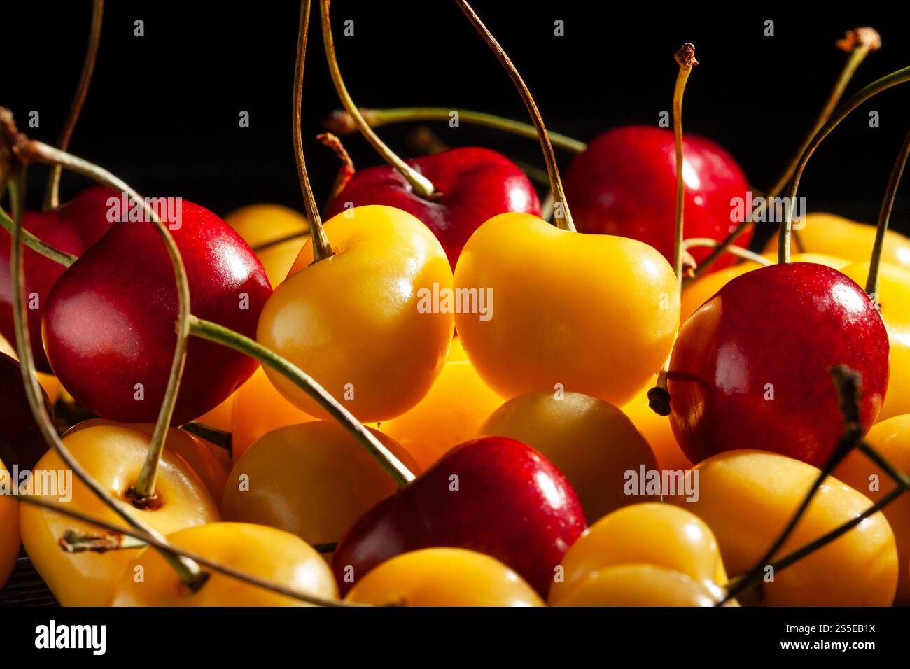 cerises mélangées sur fond noir Banque D'Images