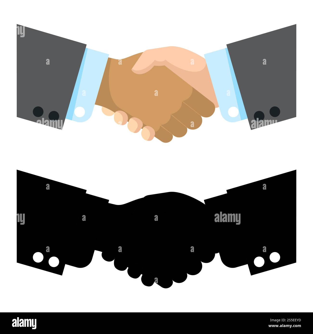 Illustration vectorielle de poignée de main plate et silhouette. Symbole de poignée de main, contrat de transaction de secouage. Illustration vectorielle de poignée de main silhouette plate et noire Illustration de Vecteur