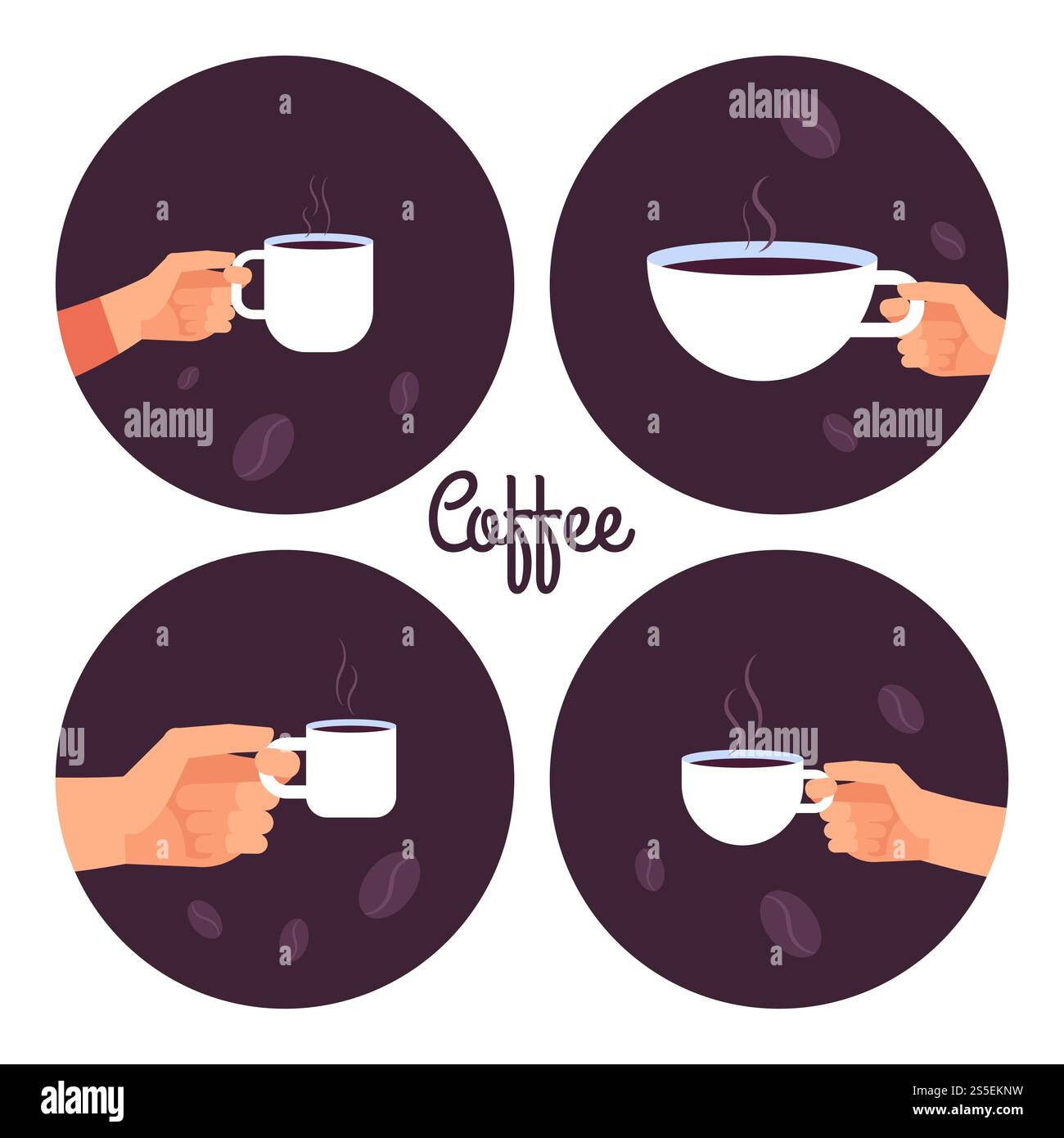 Mains tenant des tasses d'icônes vectorielles de café définies isolées sur l'illustration de fond blanc. Mains tenant des tasses d'icônes vectorielles de café définies Illustration de Vecteur