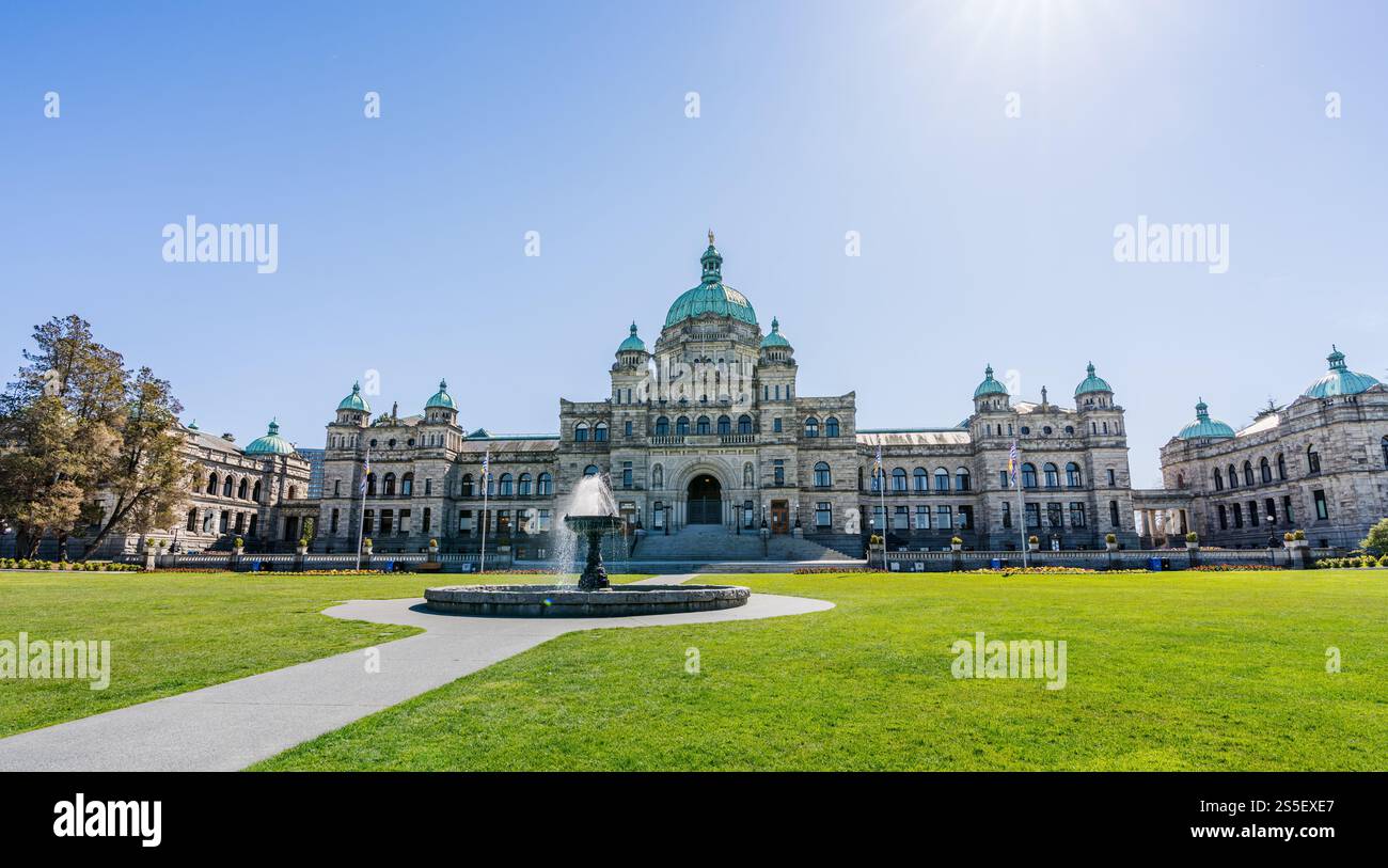 Victoria, C.-B., Canada. Édifices du Parlement de la Colombie-Britannique. Fontaine de l'Assemblée législative. Banque D'Images