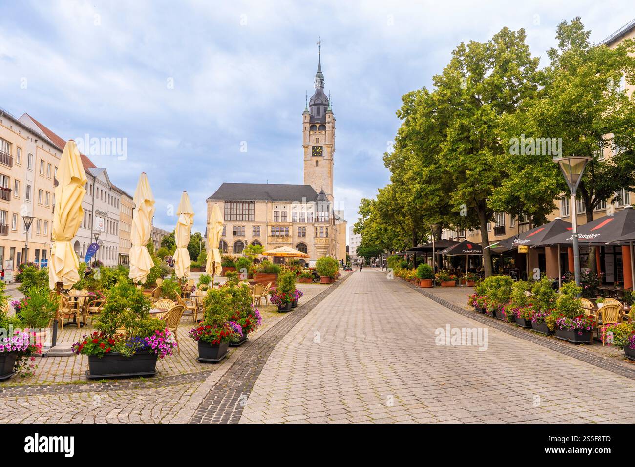 Une place pittoresque de la ville à Dessau bordée de cafés, de fleurs colorées, et une tour de l'horloge proéminente de l'hôtel de ville sous un ciel nuageux, Dessau, Allemagne Banque D'Images