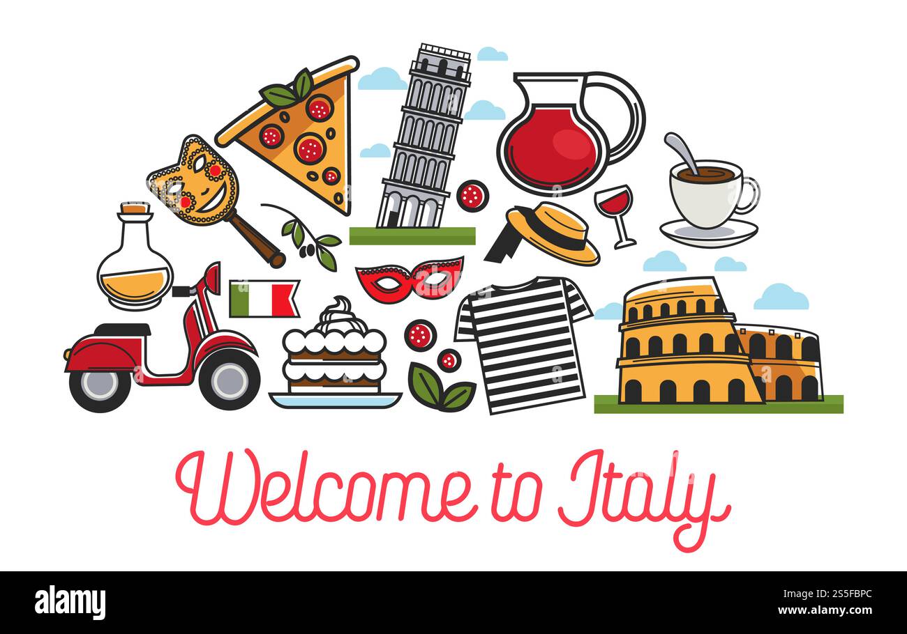 Sites touristiques de l'Italie et affiche des attractions touristiques célèbres. Symboles vectoriels du drapeau italien, cathédrale de Rome et tour de Pise ou Colisée, masque de carnaval vénitien, pizza et pâtes ou café et vigne. Sites touristiques de l'Italie et affiche des attractions touristiques célèbres. Illustration de Vecteur