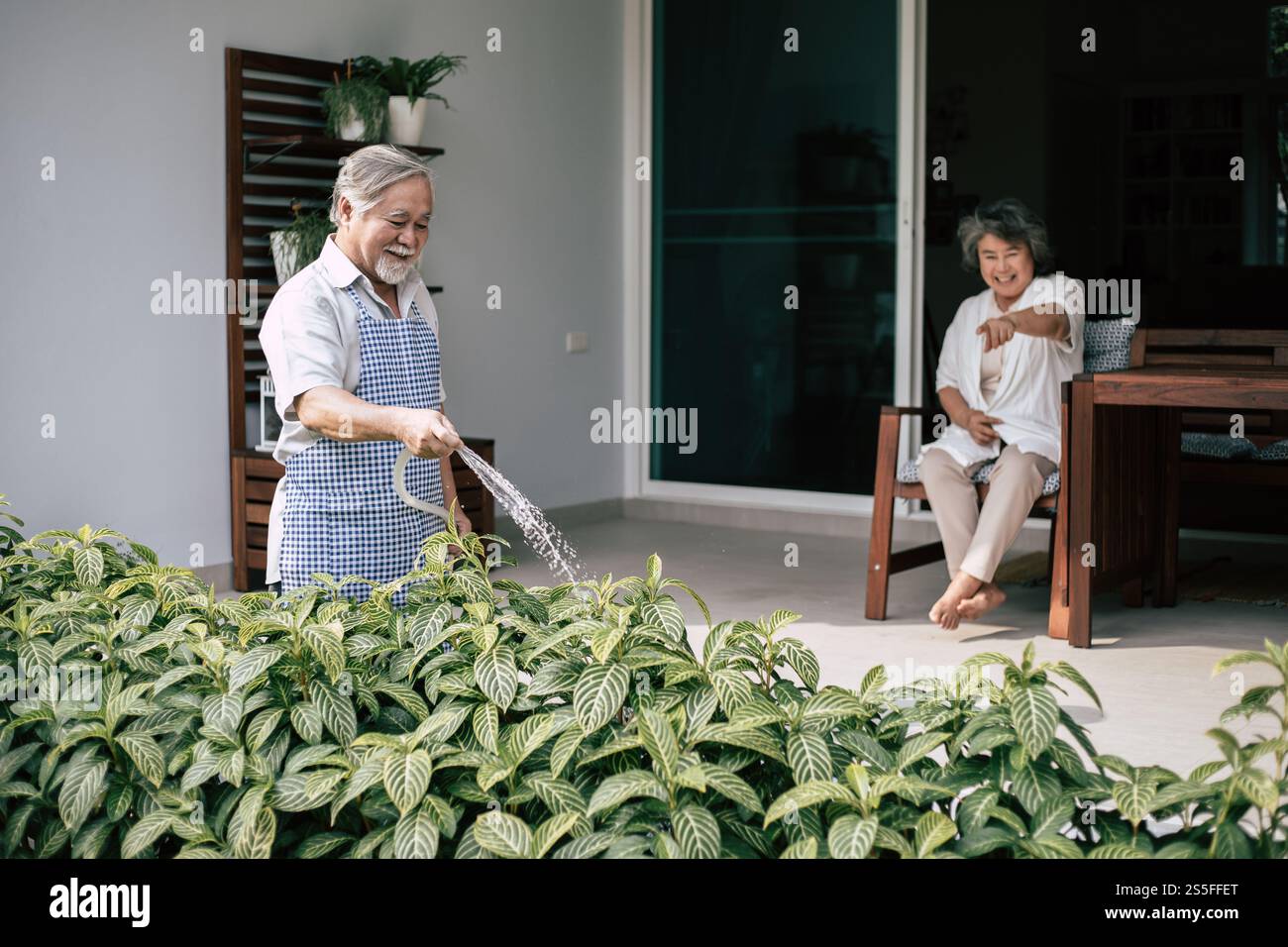 Couple âgé arrosant une fleur dans le jardin de la maison Banque D'Images