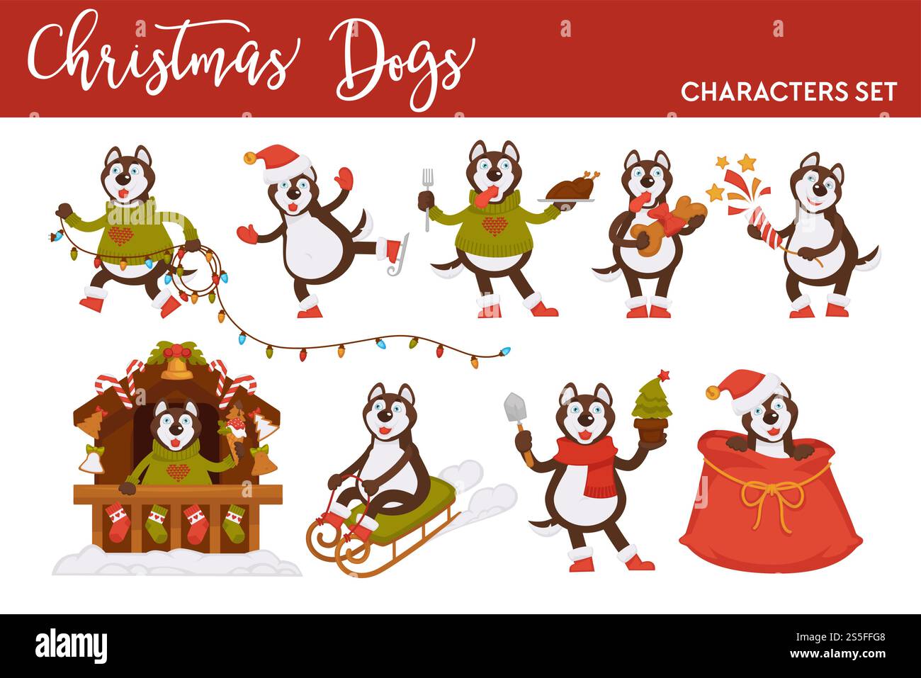 Icônes vectorielles de personnage de dessin animé de loup de Noël ou de chien Santa pour le modèle de conception de carte de voeux du nouvel an. Traîneau de vacances d'hiver, guirlande de lumières d'arbre ou patinage avec sac cadeau, décorations sur la maison. Icônes vectorielles de personnage de dessin animé de loup de Noël ou de chien Santa pour le modèle de conception de carte de voeux du nouvel an. Illustration de Vecteur