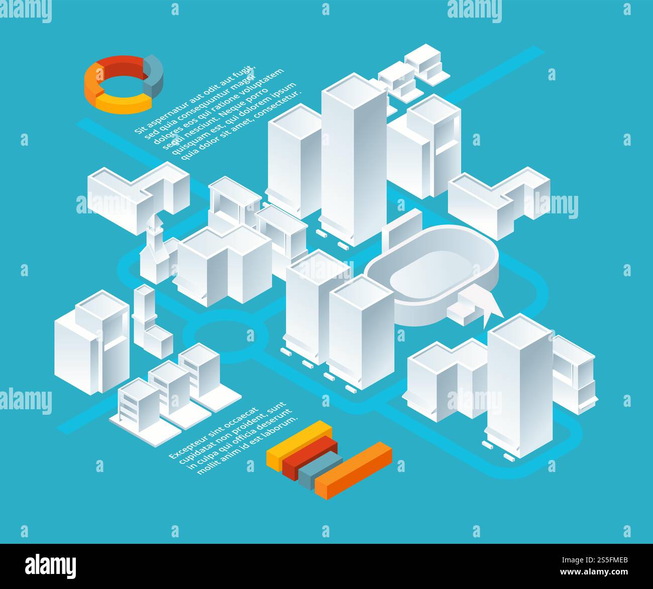 Bâtiments isométriques blancs. Paysage urbain 3D avec divers bâtiments. Rue de la ville de vecteur, architecture du bâtiment illustration de ville 3D. Bâtiments isométriques blancs. Paysage urbain 3D avec divers bâtiments Illustration de Vecteur