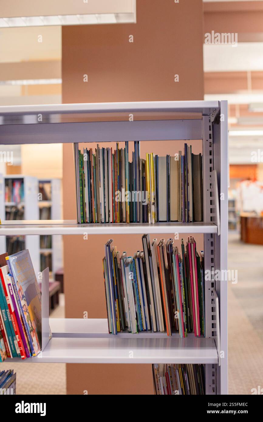 Bibliothèque dans une bibliothèque avec une variété de livres et de colonnes colorées soigneusement disposées sur des étagères en métal. Cleveland, Ohio, États-Unis Banque D'Images