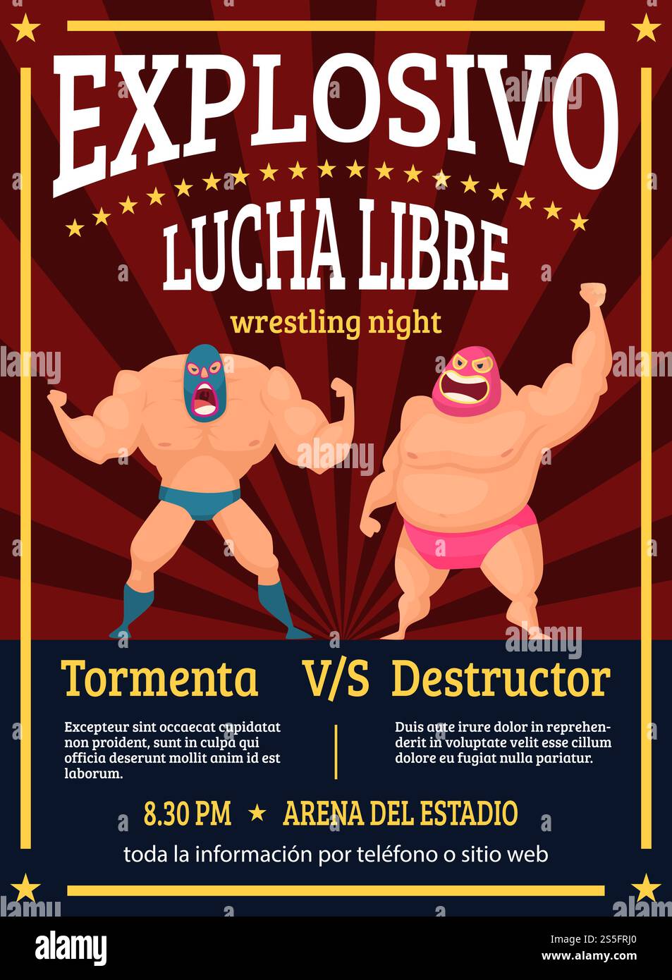 Affiche Lucha libre. Placard rétro annoncé match de combat des lutteurs mexicains luchador vecteur personnages de muscle. Illustration de placard annoncé combat luchador événement. Affiche Lucha libre. Placard rétro annoncé match de combat des lutteurs mexicains luchador vecteur personnages de muscle Illustration de Vecteur